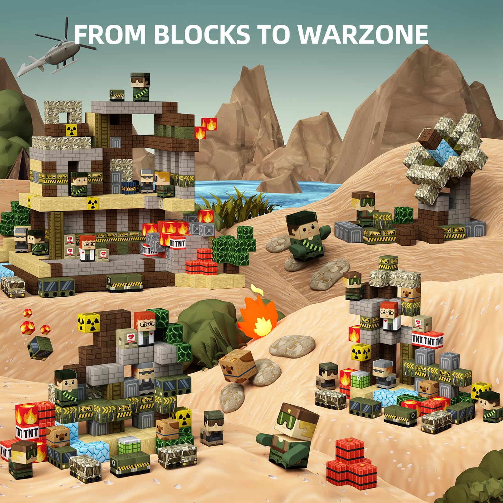 GobiDex blocks connect with army men figures for coordinated scenes and storytelling.