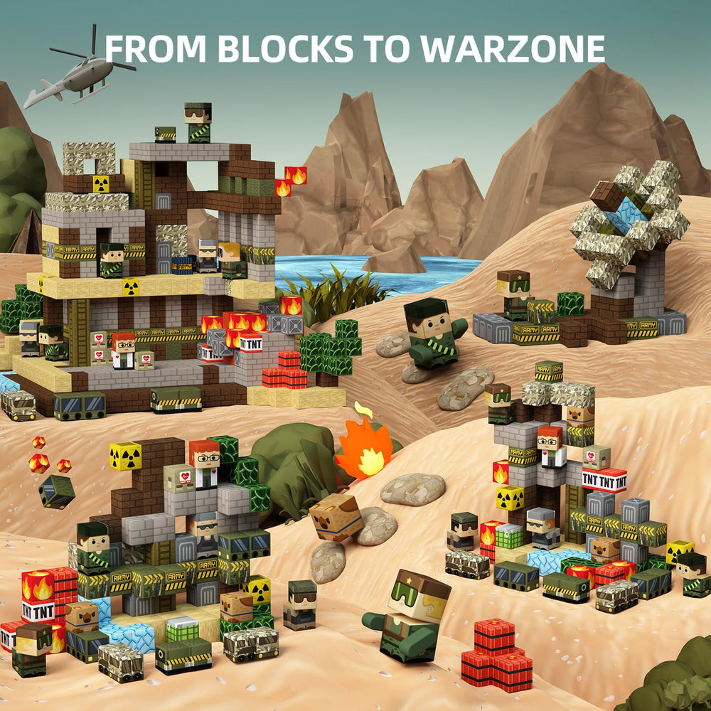 GobiDex blocks connect with army men figures for coordinated scenes and storytelling.