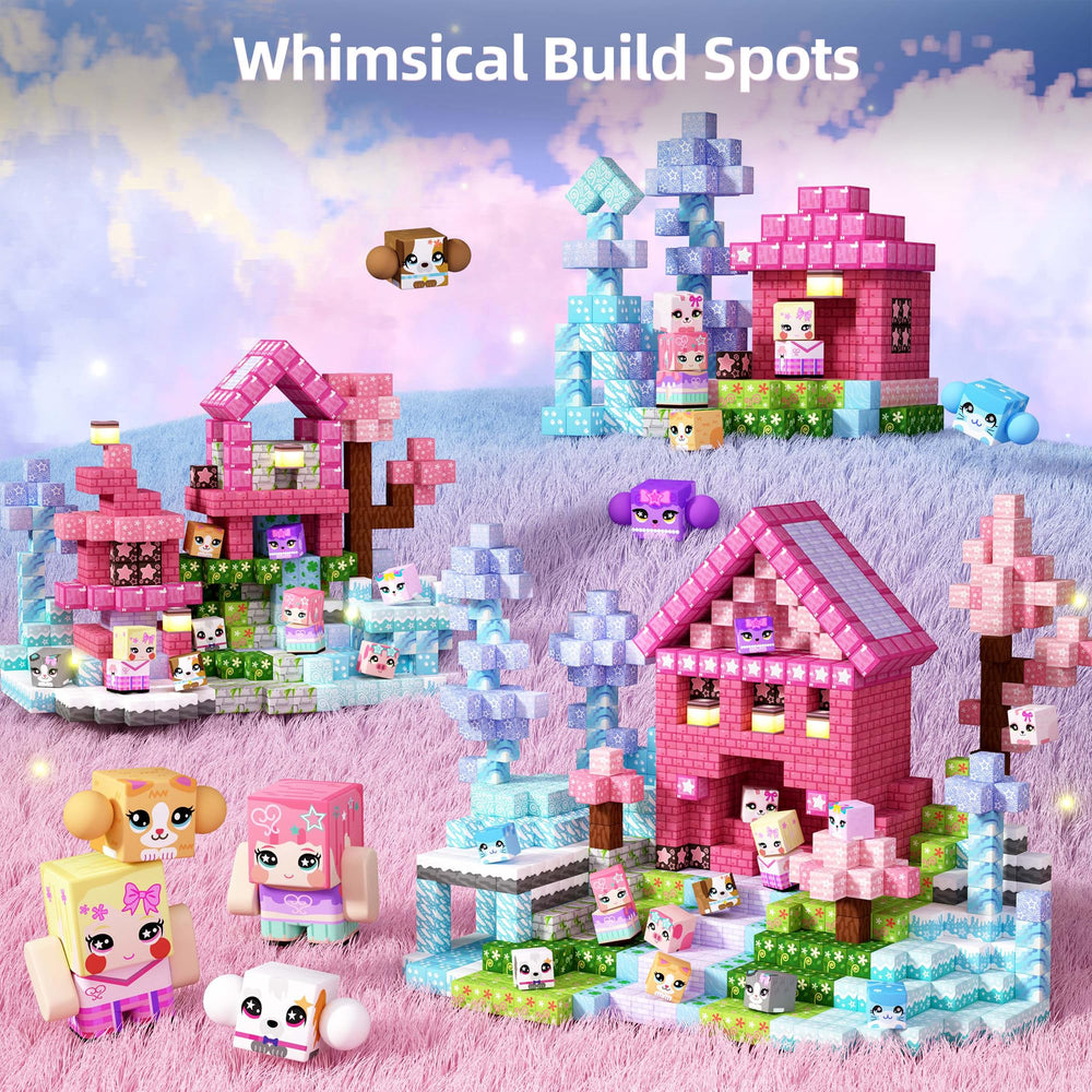 Pink castle with adorable pets encourages storytelling and cooperative play.