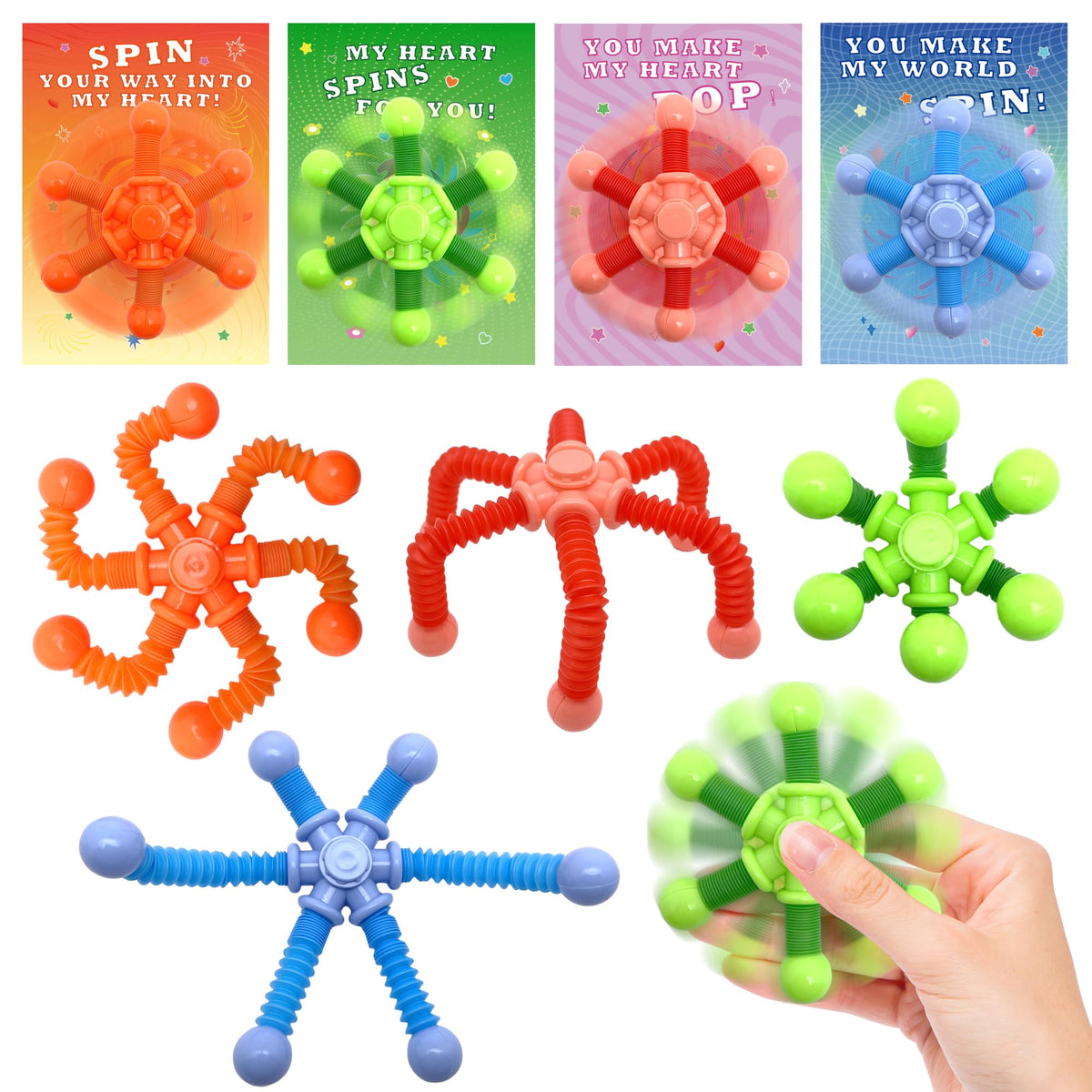 Gocozer pop tubes finger spinner and valentines cards on display for classroom fun