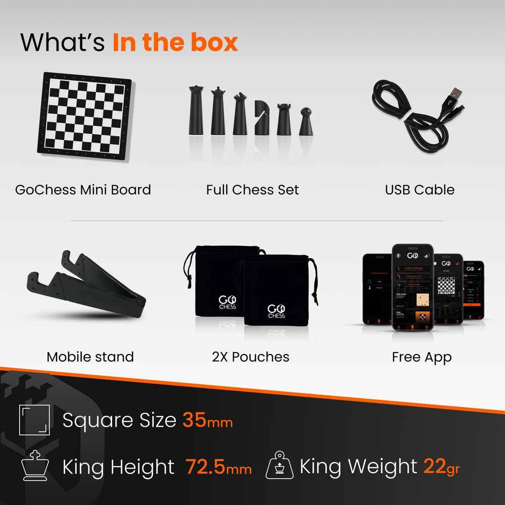 GoCube GoChess Mini box contents include board, pieces, and stand.
