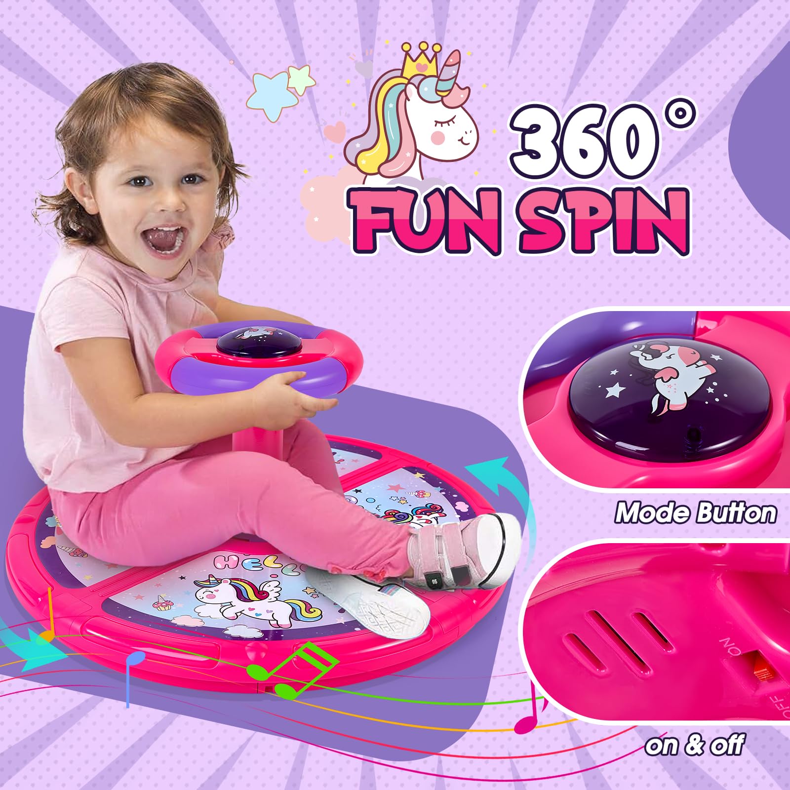 GODELAIF Unicorn Sit and Spin front view shows a sturdy 17-inch chassis.