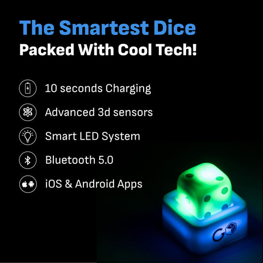 GoDice dice on table with interactive board app guiding gameplay.
