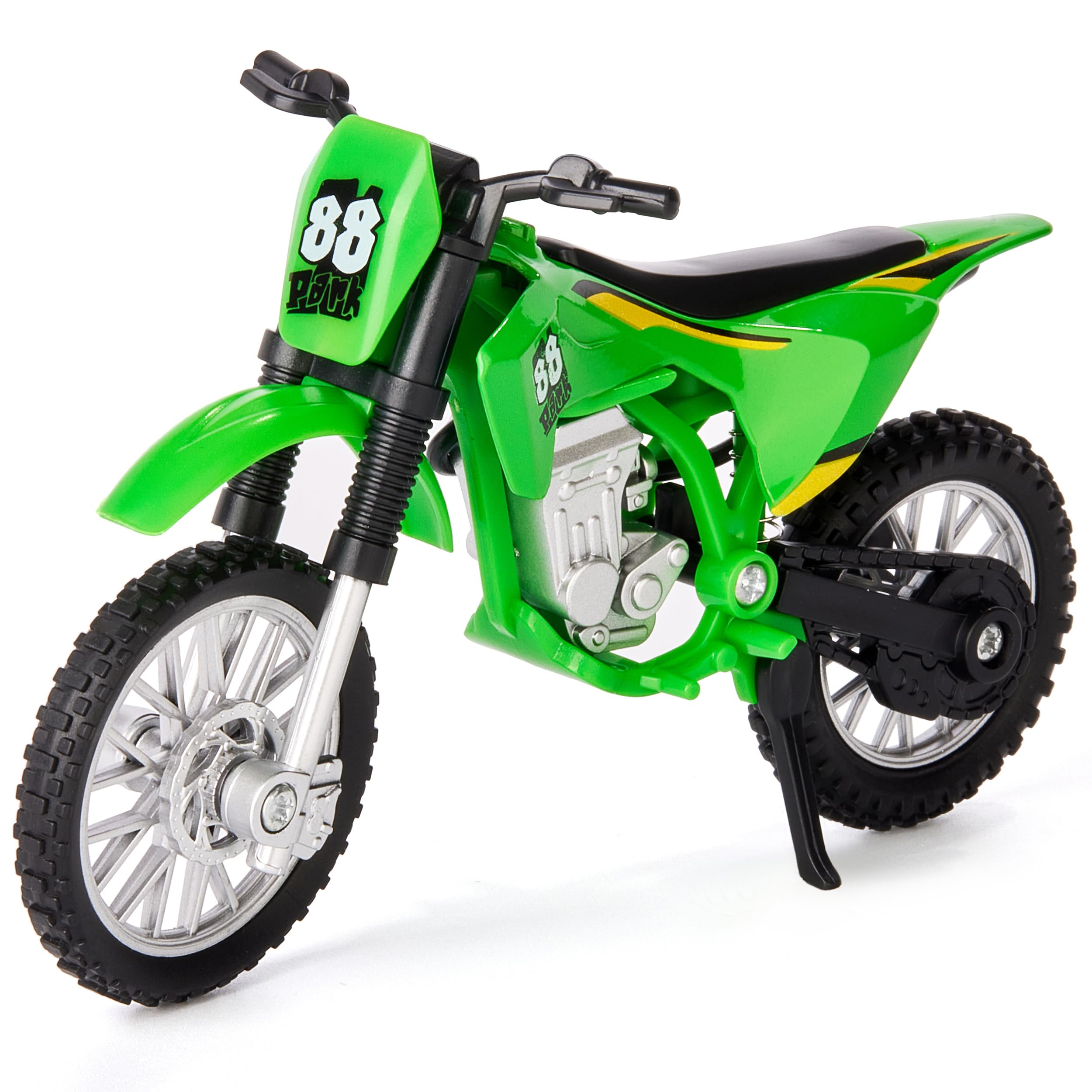 Gogogomoto green dirt bike toy shown in hand for portable play and display.