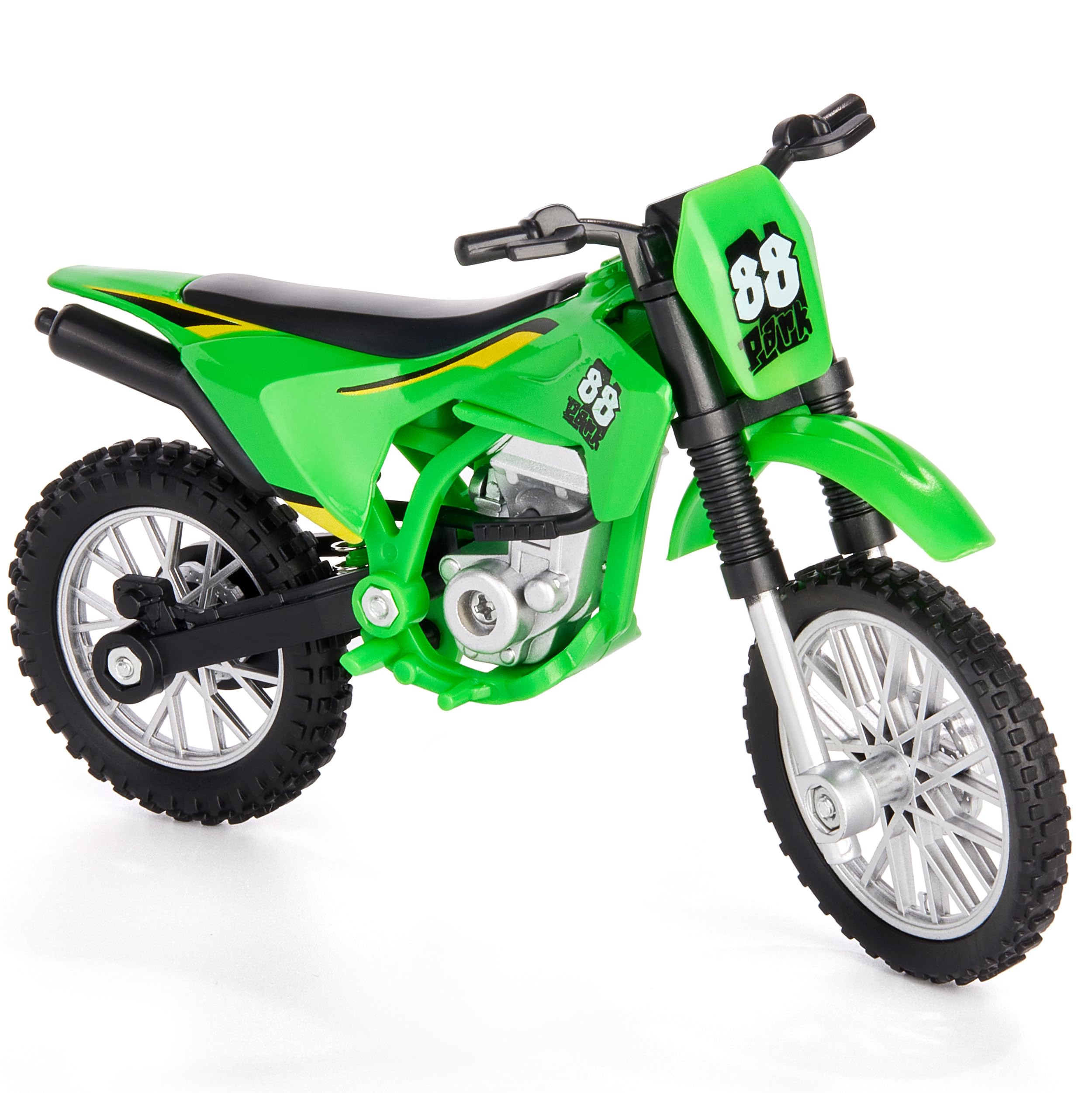 Gogogomoto green dirt bike toy features a removable foot support for added stability.