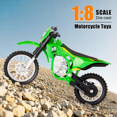 Gogogomoto dirt bike toy green, front view highlighting durable plastic construction.