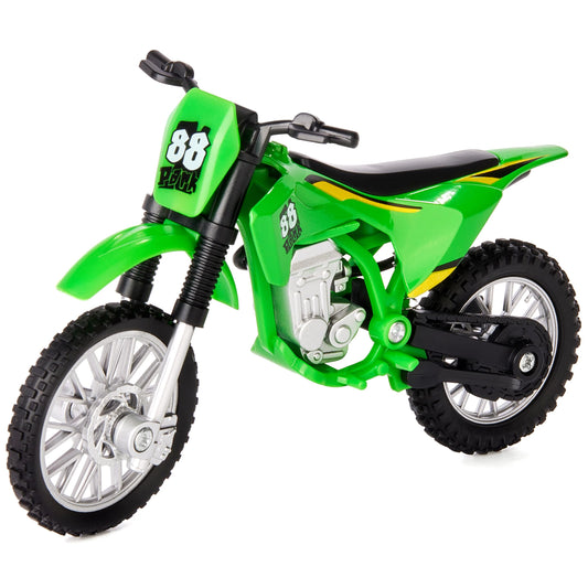 Gogogomoto small green dirt bike toy, 1:8 scale, for display and imaginative play.