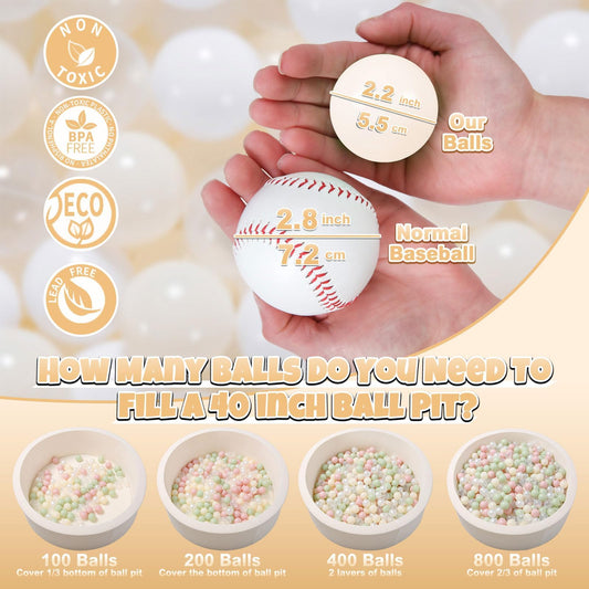 Close-up of GOGOSO soft plastic balls, 2.17 inch diameter, toddler-friendly.