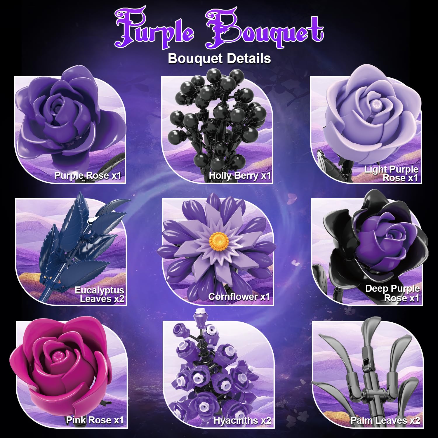 Gohero Gothic flower bouquet display highlights deep purple tones for sophisticated home decor.