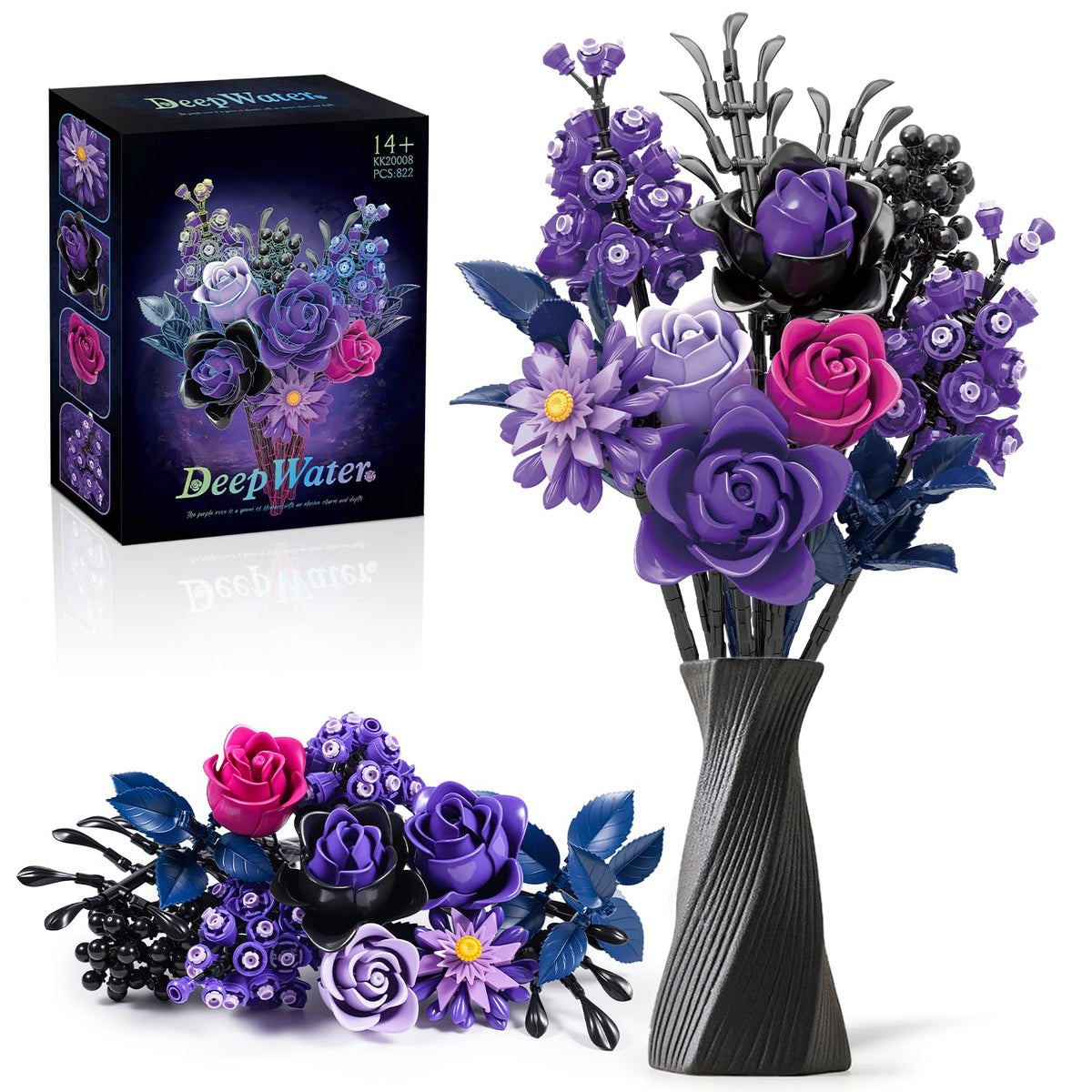 Gohero Purple Roses Building Blocks Set assembly shows vibrant, Lego-compatible blooms for creative displays.