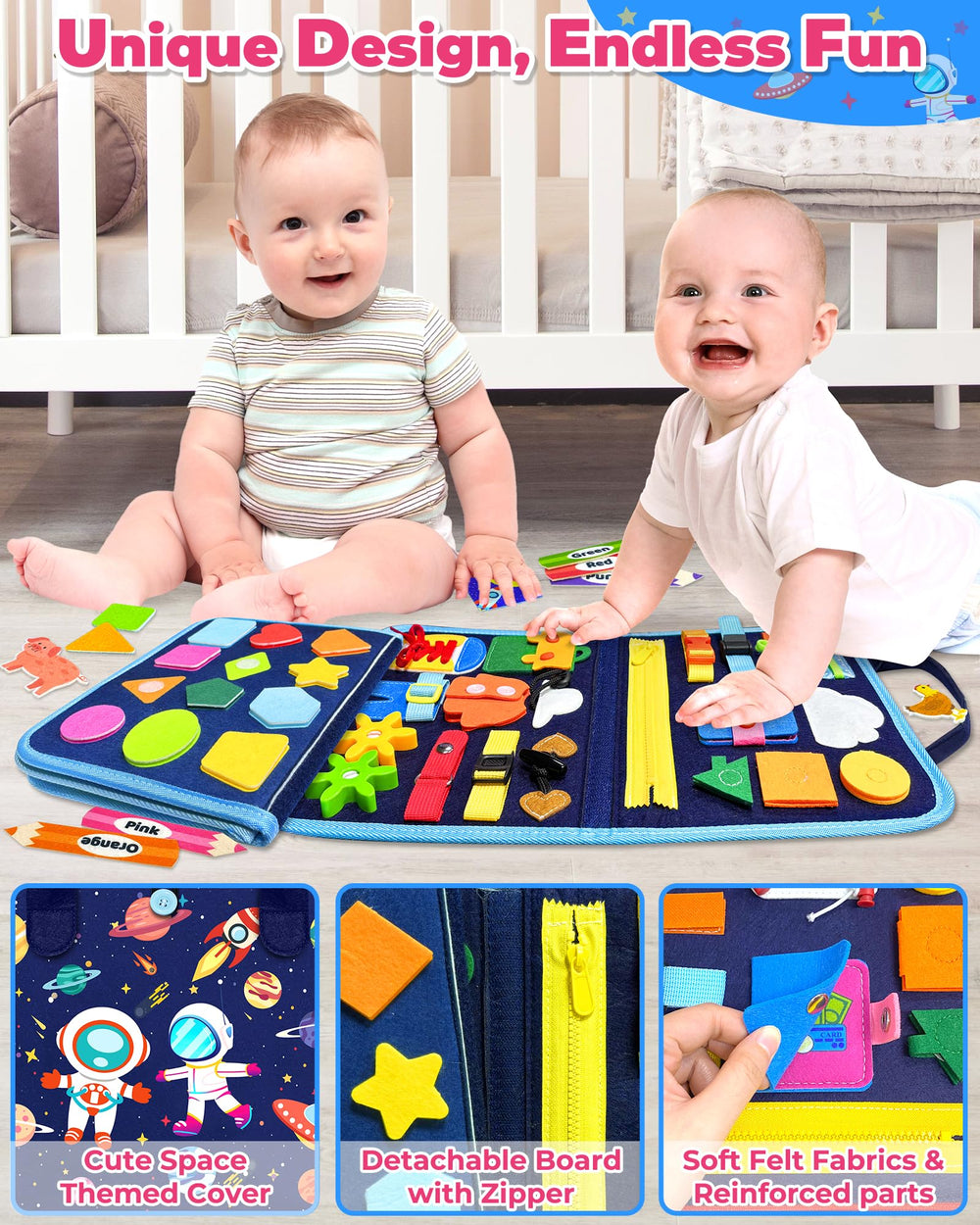 Gojmzo Busy Board color and shape matching inspires visual discrimination skills.