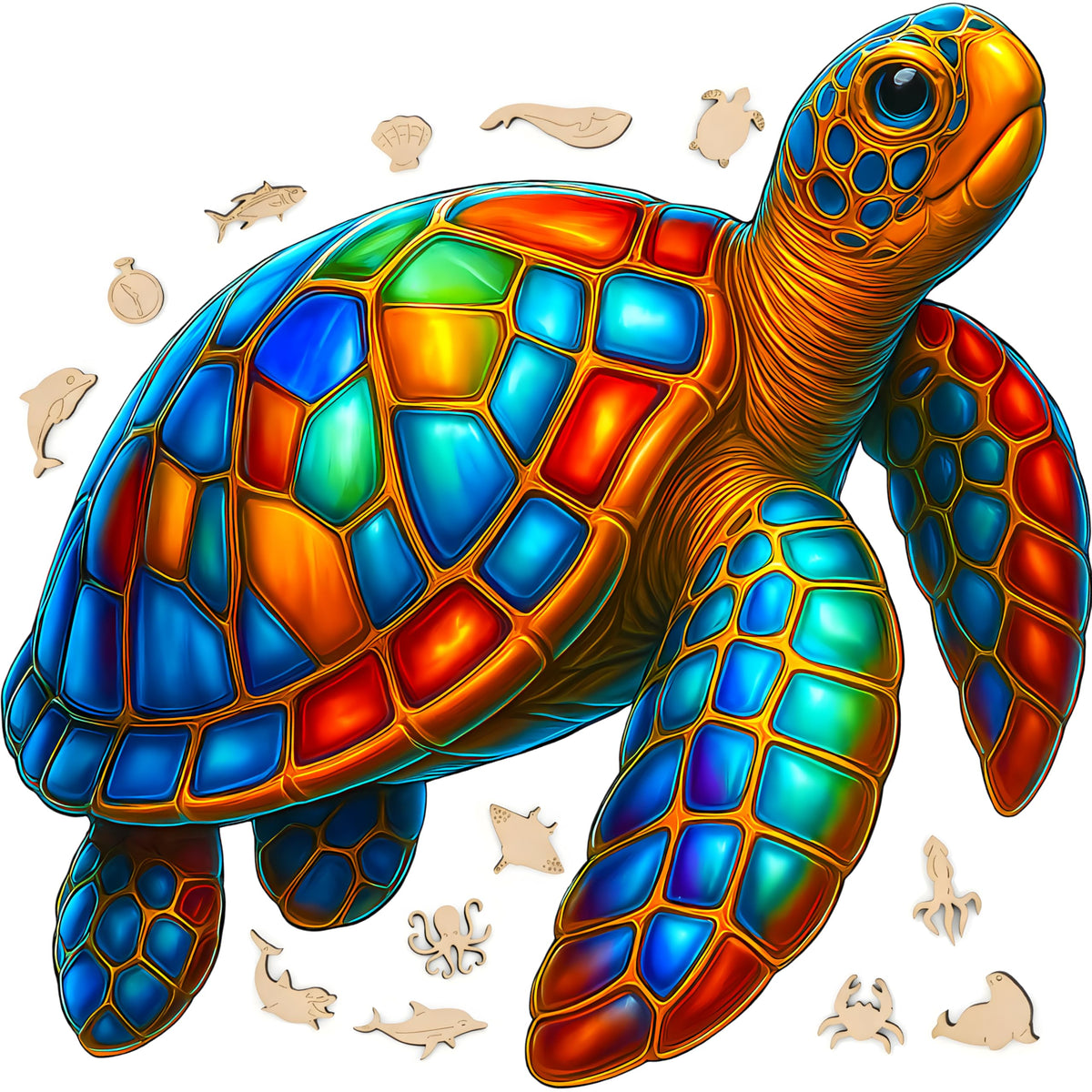 Goldbird Premium Wooden Puzzle turtle pieces in jewel tones for relaxing, focused play.