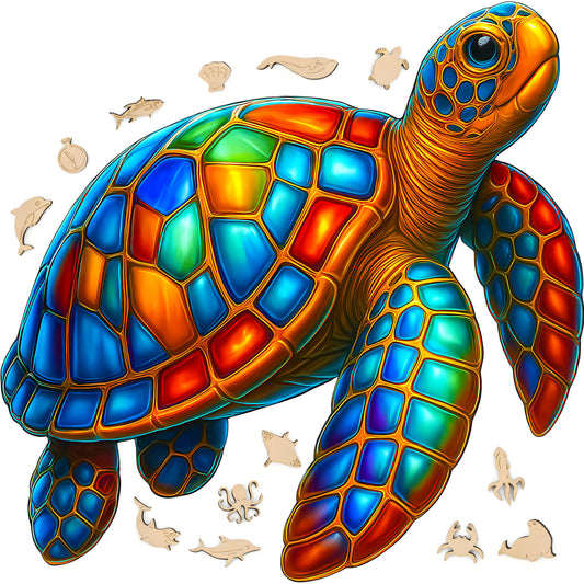 Goldbird Premium Wooden Puzzle turtle pieces in jewel tones for relaxing, focused play.