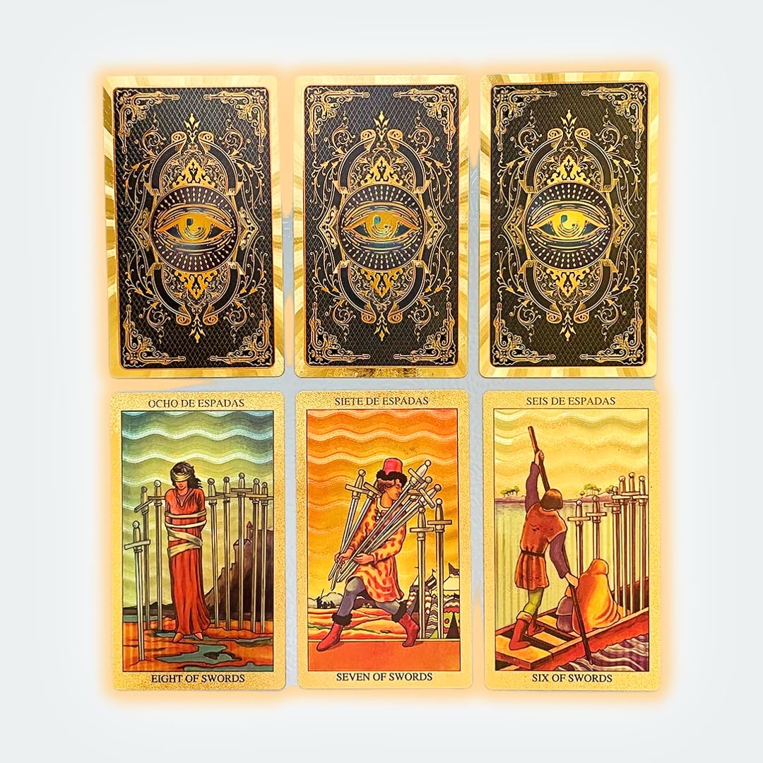 Spanish and English Golden Foil Tarot Deck close-up—high-detail cards for focused readings.