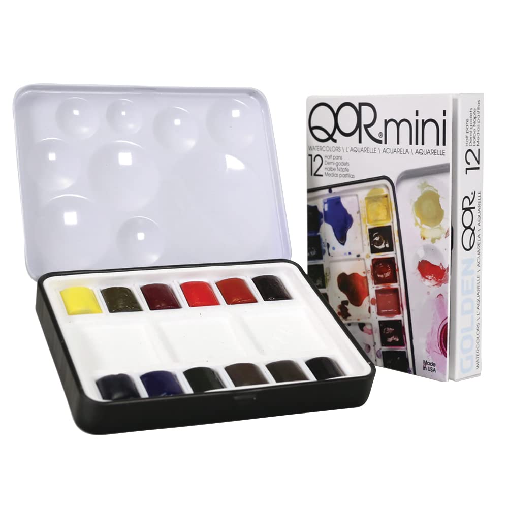 GOLDEN QoR Mini Set with 12 half-pan colors for luminous watercolor mixing