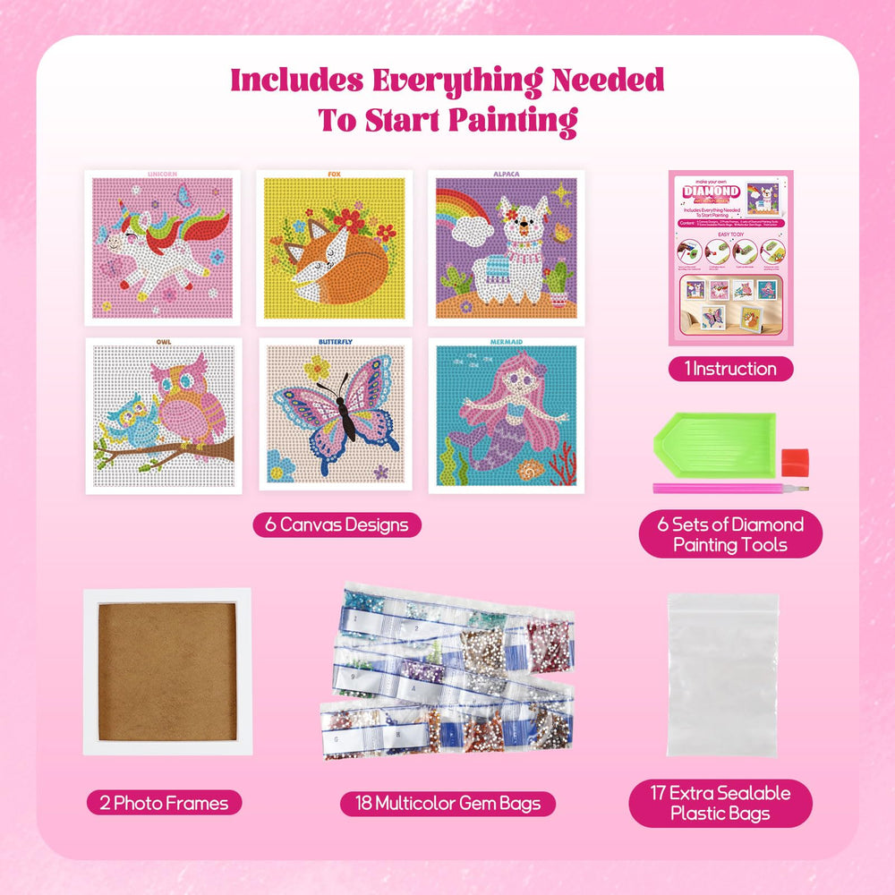 Goldentime kit with 2 frames showcases colorful diamond art for kids' room decor.