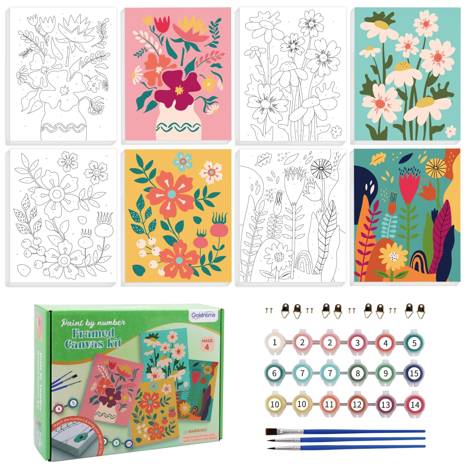 Goldentime framed paint by numbers flower canvas 8x10, beginner-friendly wall art.