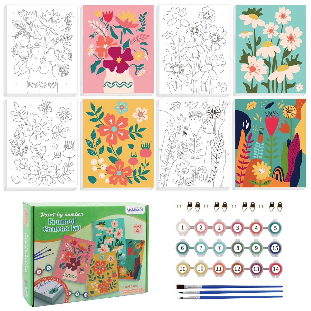 Goldentime framed paint by numbers flower canvas 8x10, beginner-friendly wall art.