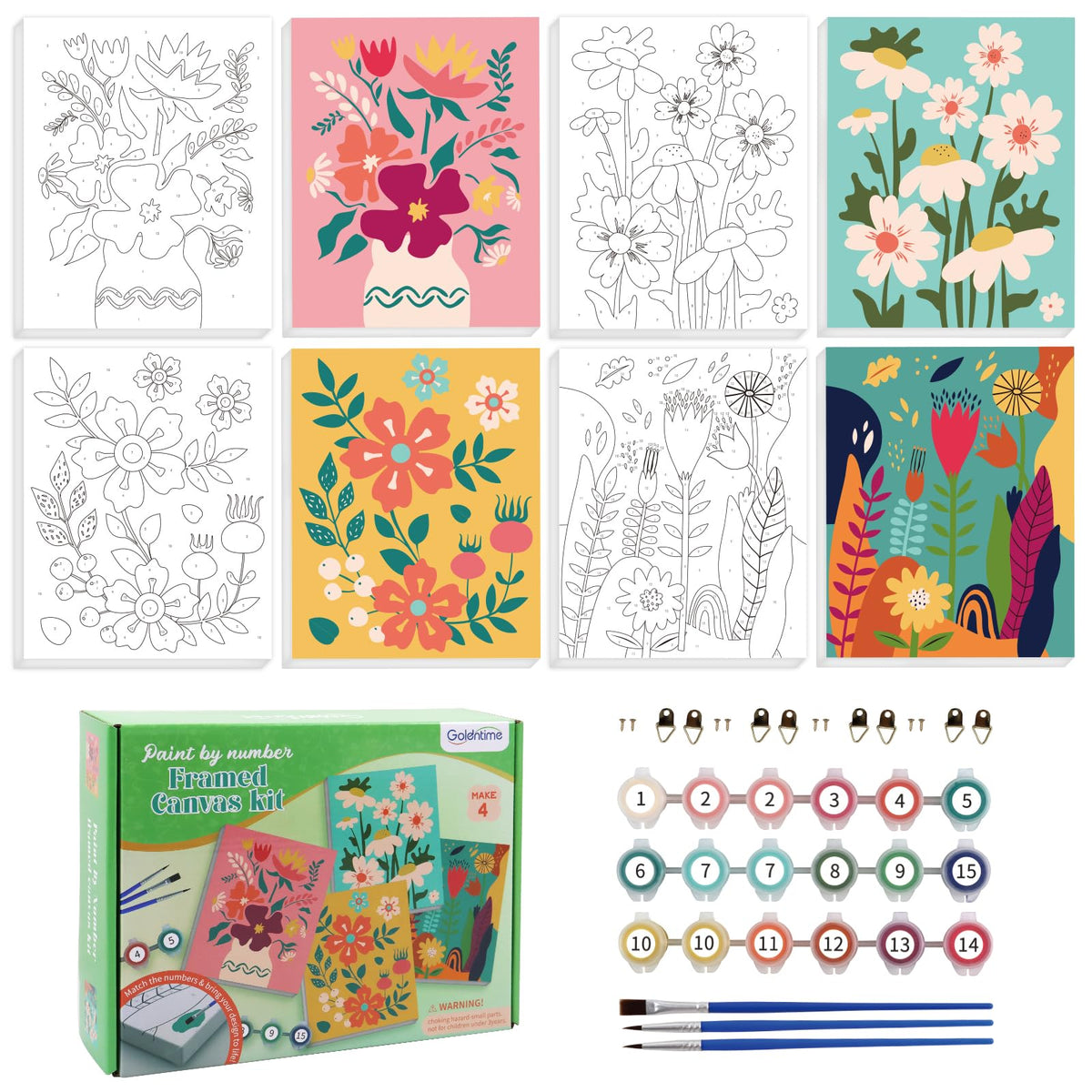 Goldentime framed paint by numbers flower canvas 8x10, beginner-friendly wall art.