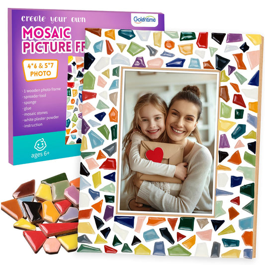 Goldentime mosaic frame kit packaging with colorful tiles for creative home decor.