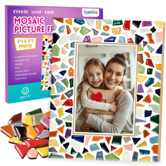 Goldentime mosaic frame kit packaging with colorful tiles for creative home decor.