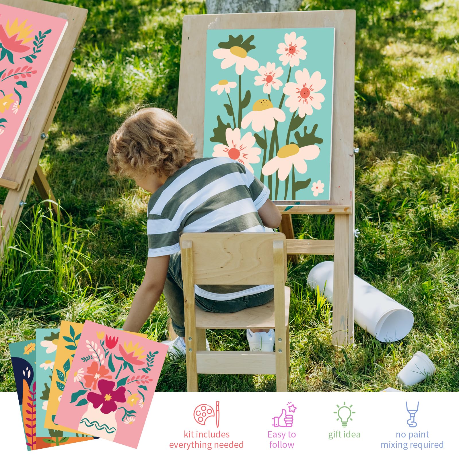 Goldentime family painting activity with floral design, shared creativity and fun.
