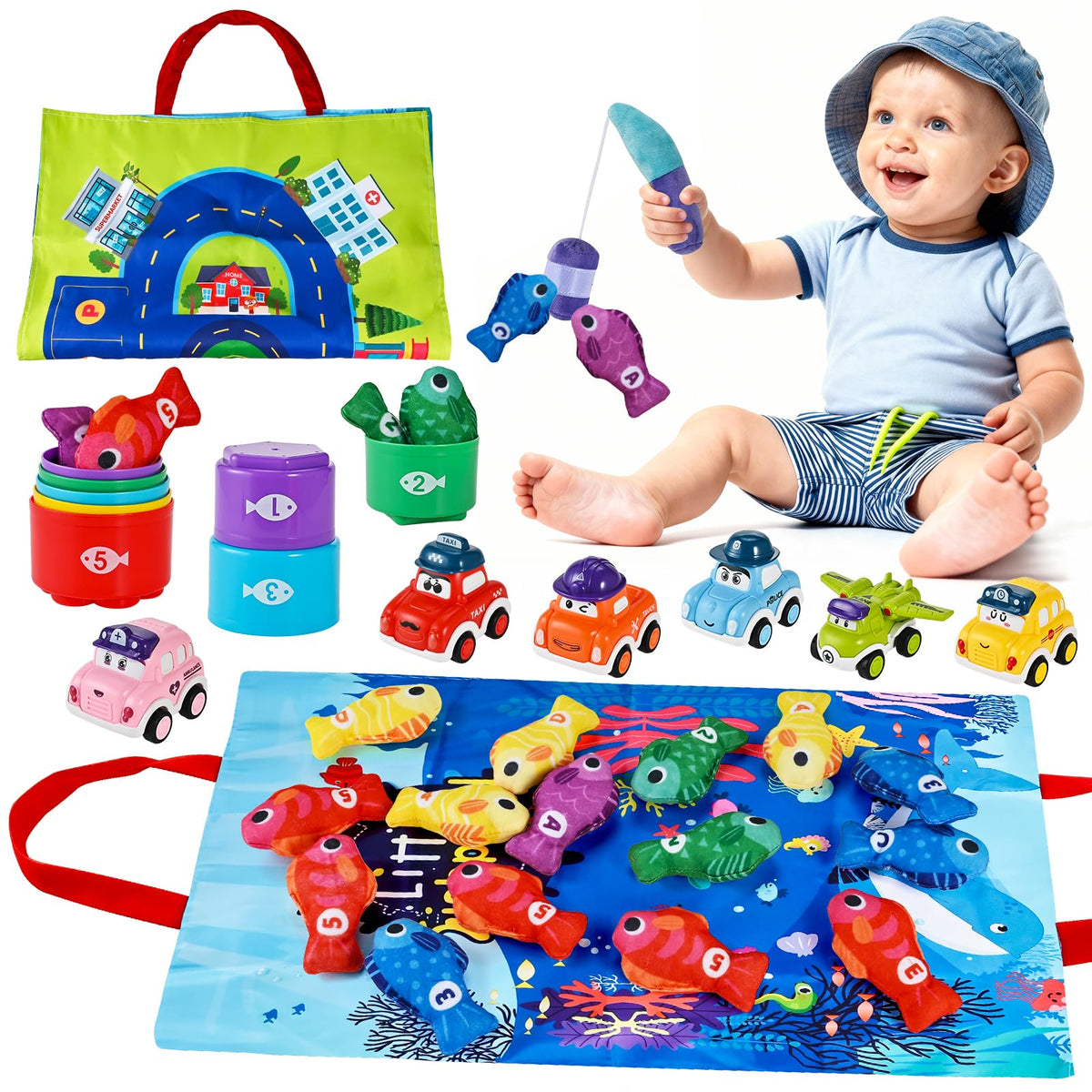 Goldge 2-in-1 Montessori fishing game with soft fish for safe learning.