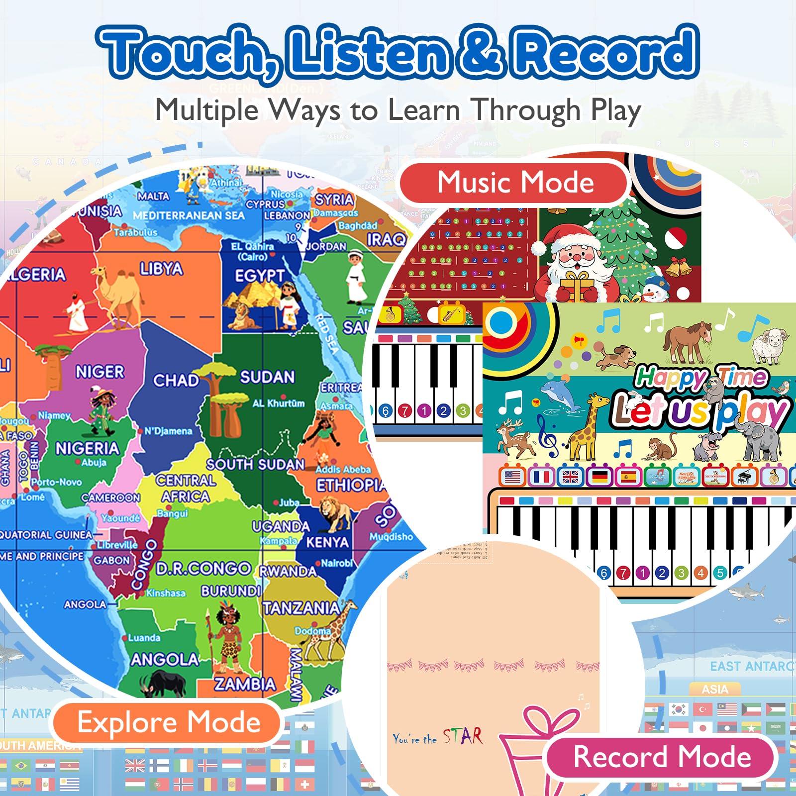 Goldge colorful map visuals highlight continents and flags for curious minds