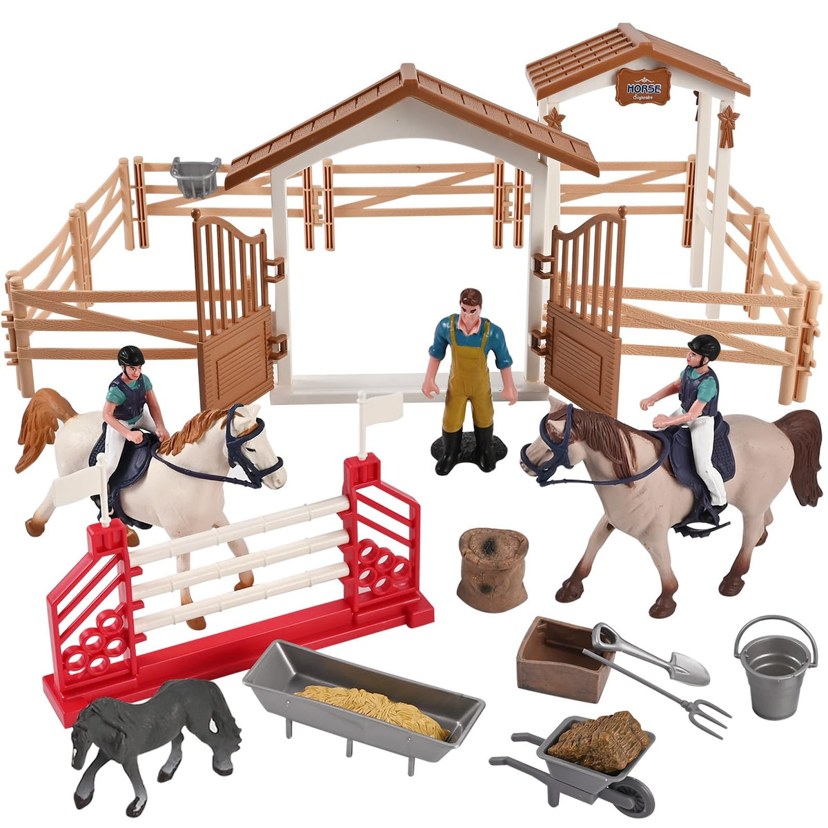 Goldge Horse Stable Playset main image showing the fenced stable and horses for imaginative care