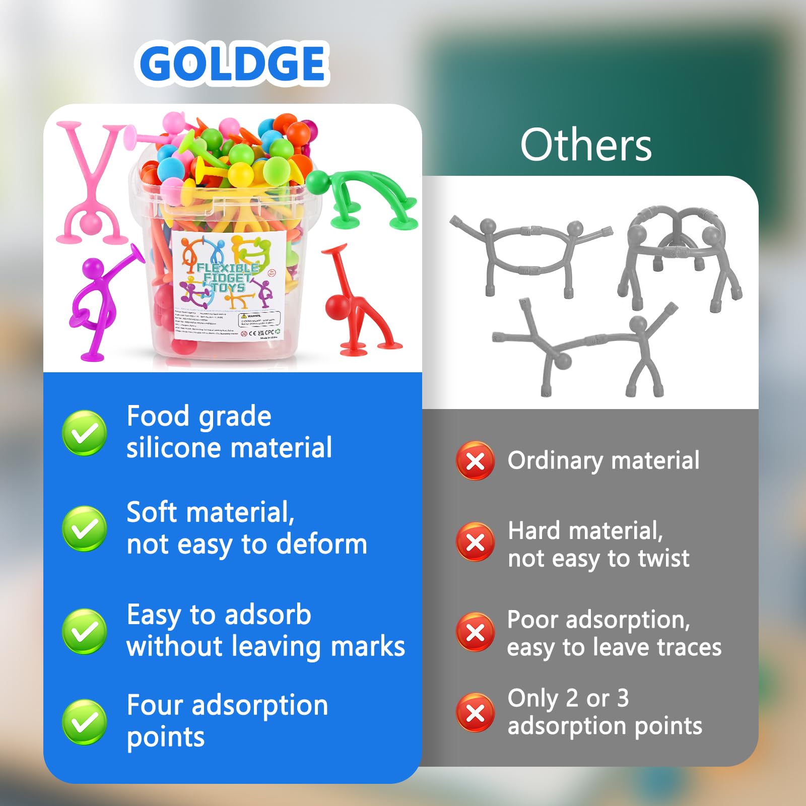 GOLDGE strong suction cups adhere to windows and desks for portable fun.