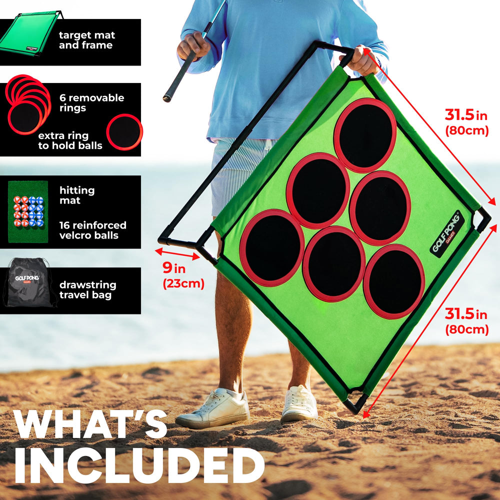 Golf Pong target stand with movable targets for competitive rounds.