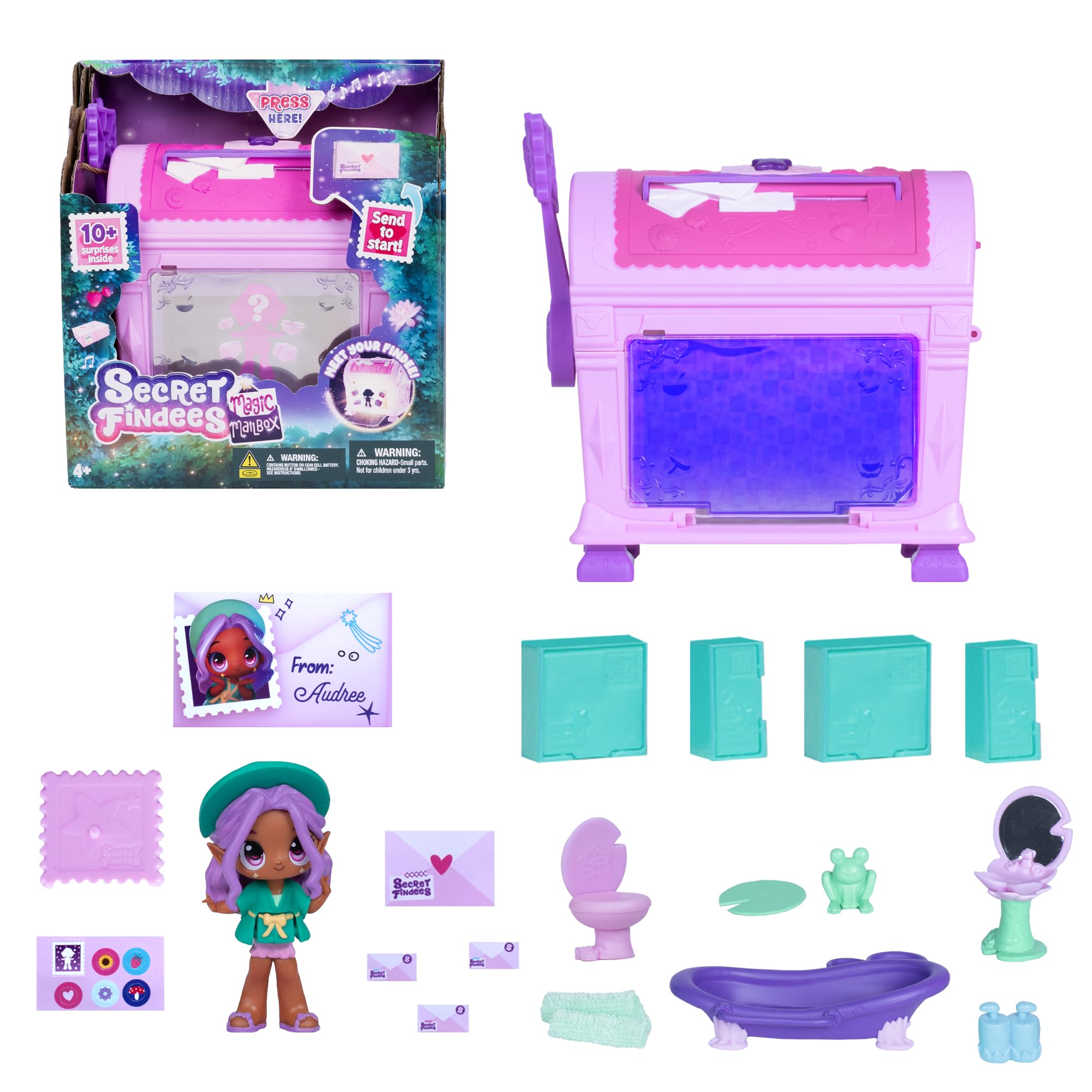 Goliath Audree or Roxee figure inside pink mailbox adds delight