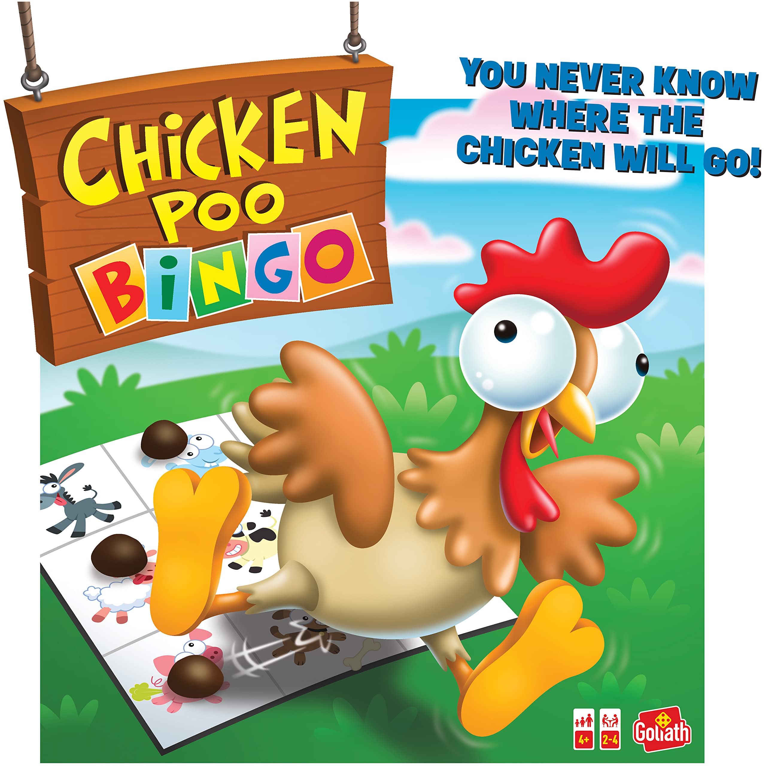 Goliath wind-up chicken drops poos onto the bingo board for ages 4 and up.