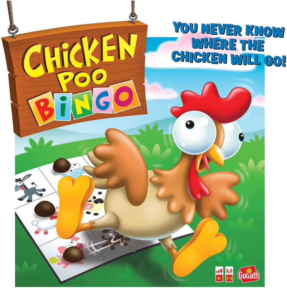 Goliath wind-up chicken drops poos onto the bingo board for ages 4 and up.