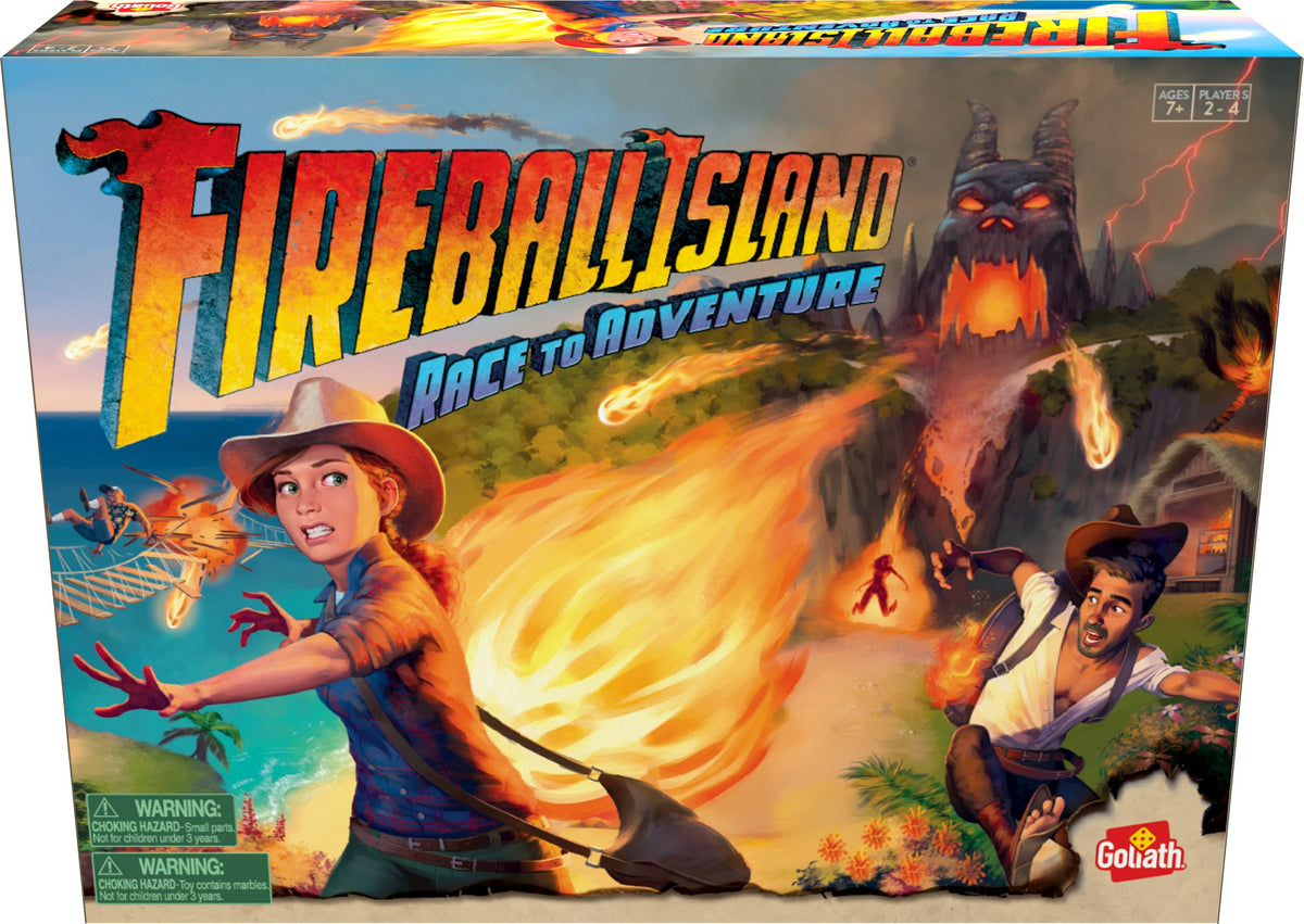 Goliath Fireball Island board setup showcases vibrant terrain for family game night.