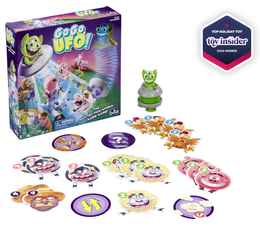 Goliath Go Go UFO game farm animal cards support quick, family-friendly turns.