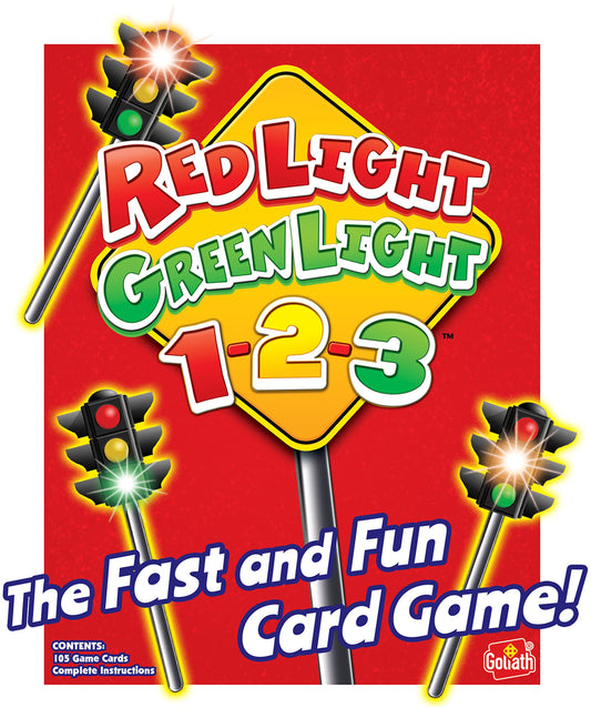 Goliath red light green light 1-2-3 card game box front, inviting family play.