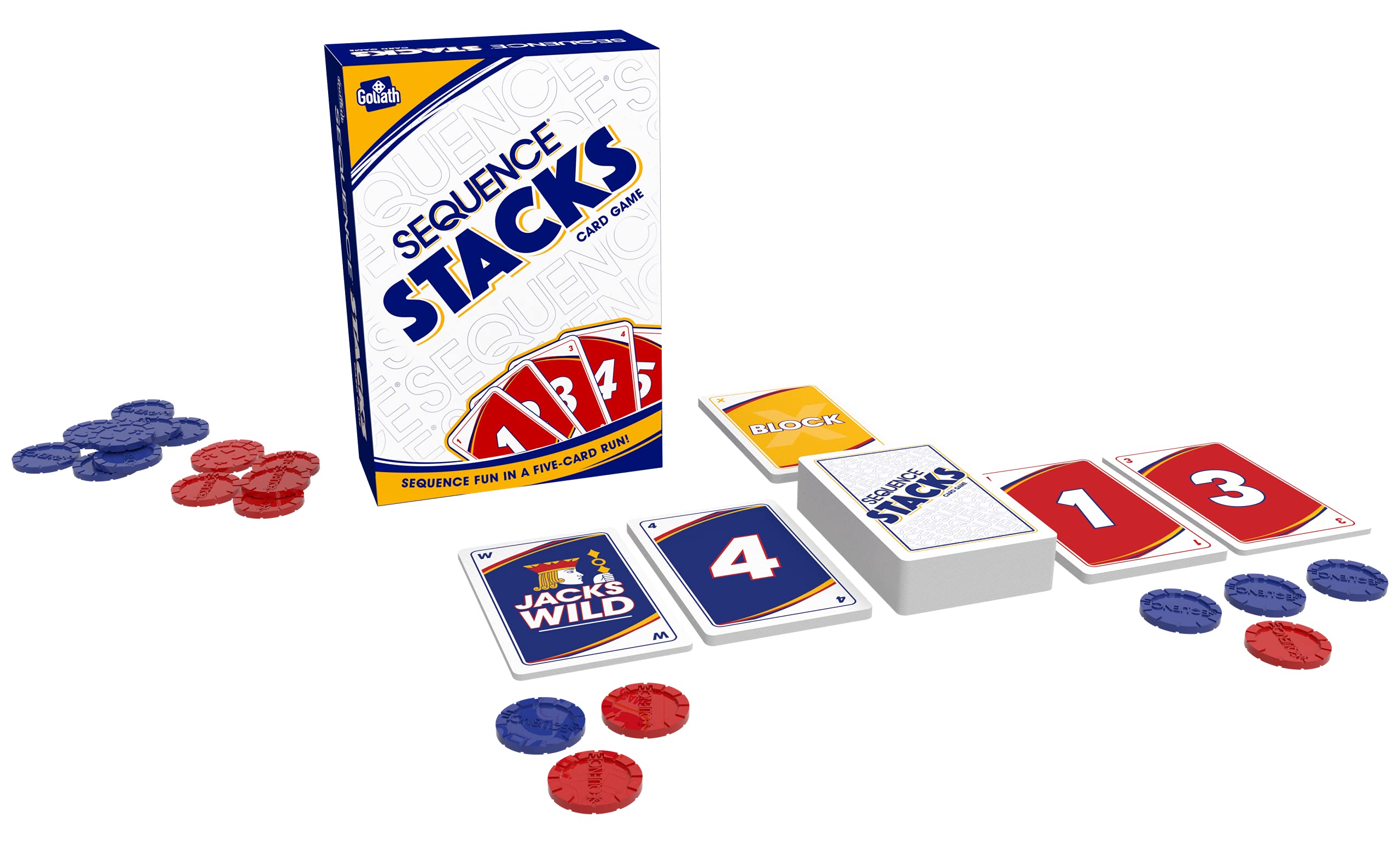 Goliath Sequence Stacks card deck and hand demonstrate play options for 2-4 players.