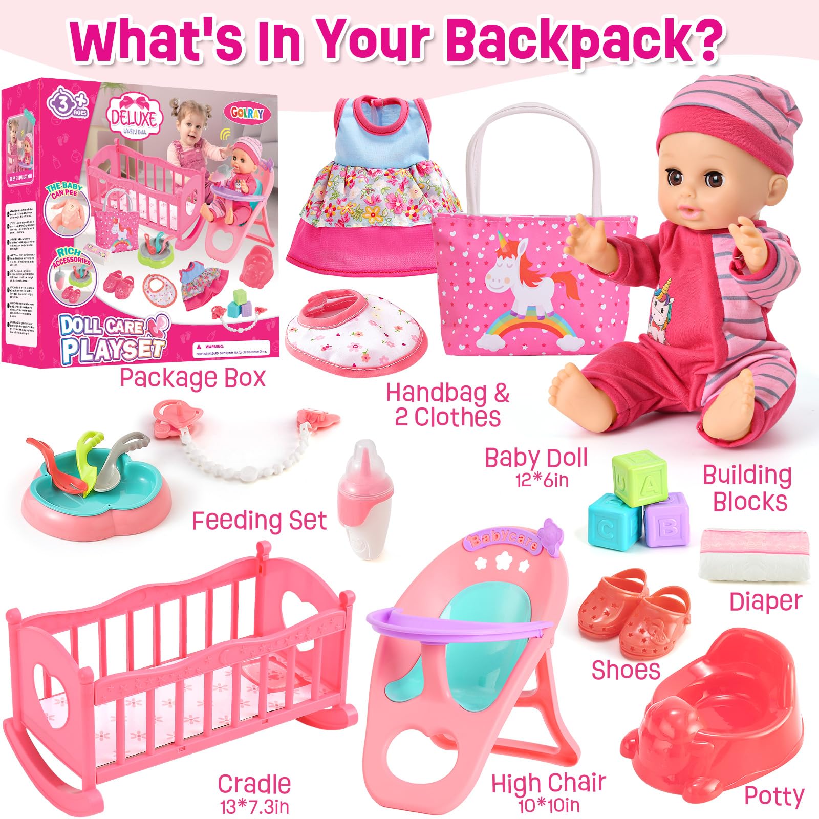 Golray 12in girl doll accessories diaper bag shot emphasizes organization on the go