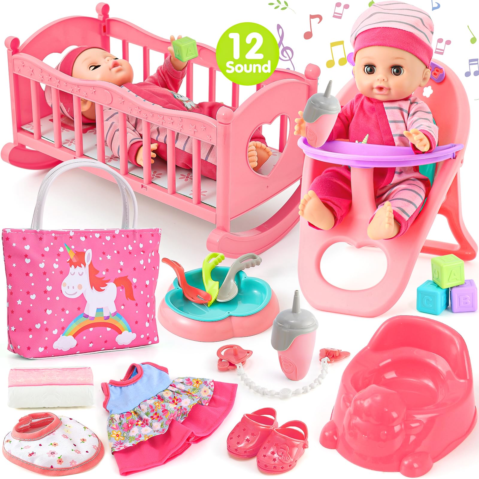 Golray 12in girl doll cradle close-up shows sturdy, kid-friendly nursery setup