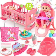 Golray 12in girl doll cradle close-up shows sturdy, kid-friendly nursery setup