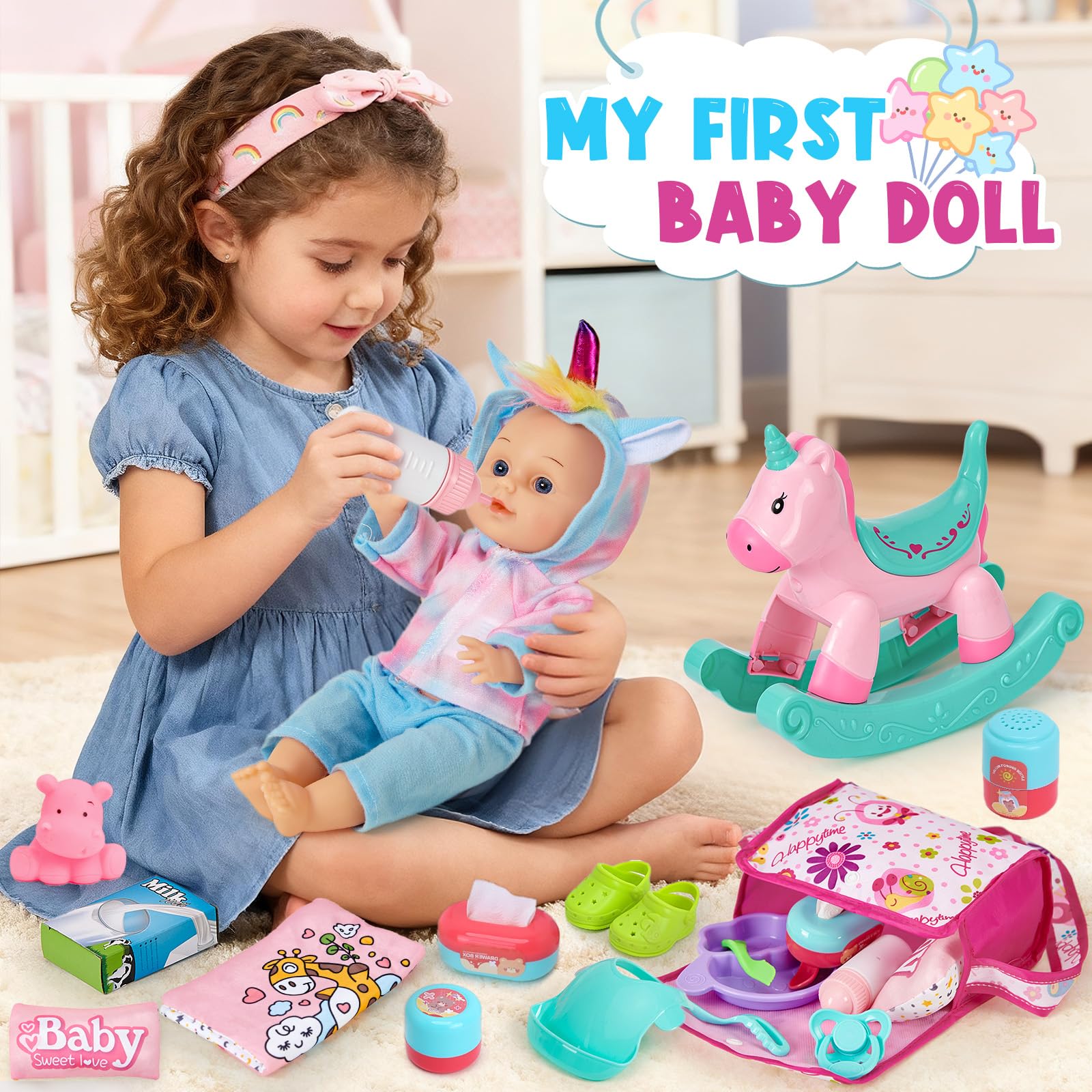 Golray plate, utensils, pillow, and quilt spark nurturing play scenes.