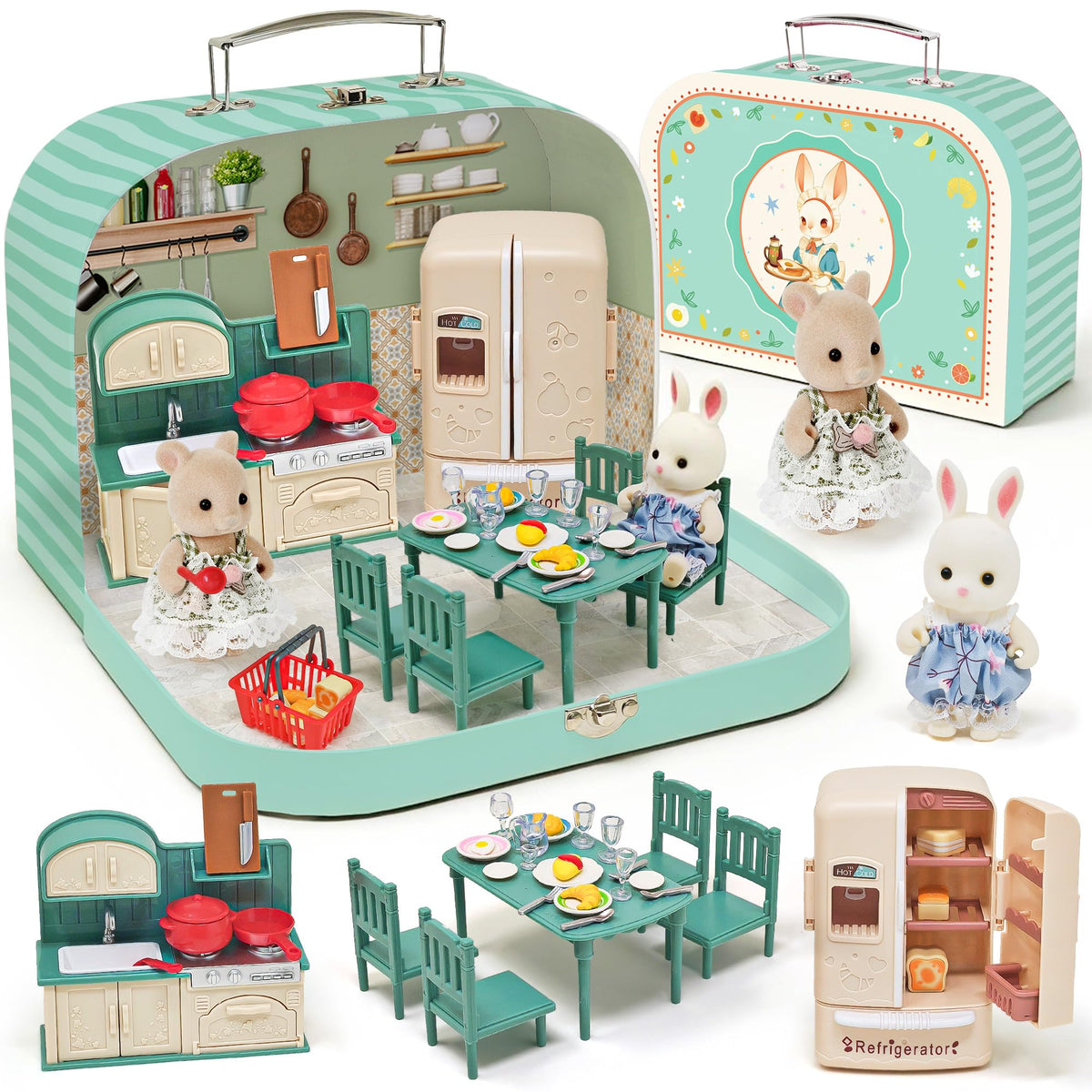 Golray Dollhouse Kitchen Suitcase with open fridge for imaginative play and motor skills.