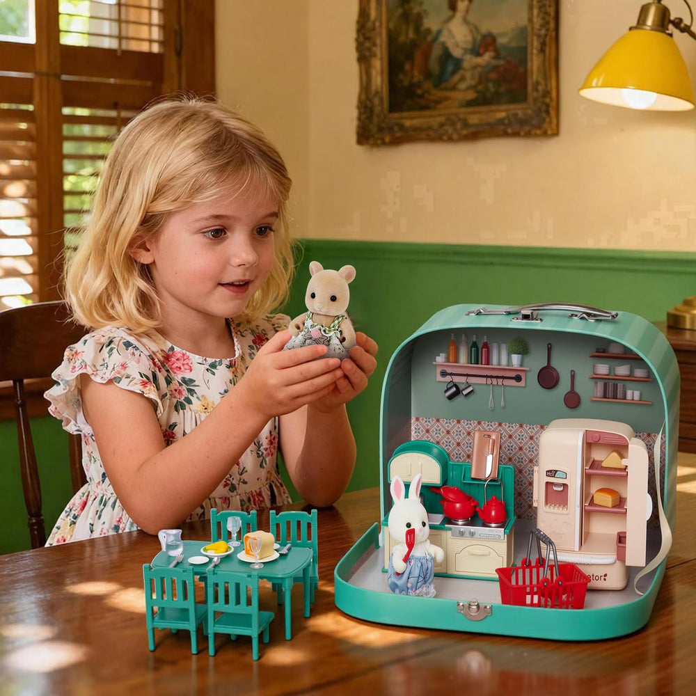 Travel-ready Golray dollhouse kitchen suitcase simplifies on-the-go imaginative play.