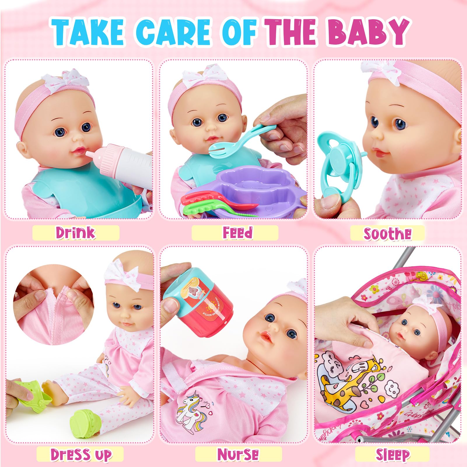 Golray pacifier and bottle support caregiving pretend play sessions.