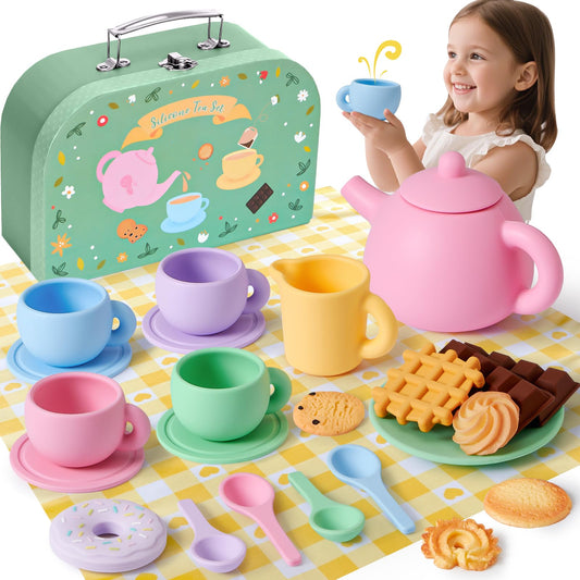 Golray silicone tea set teapot for safe pretend play and tea brewing