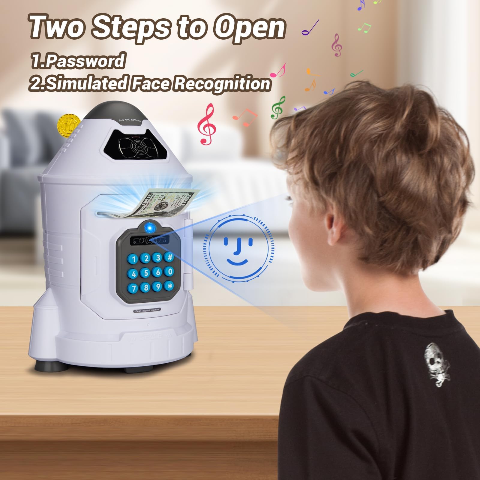 GONINO piggy bank bill slot auto-scroll demonstrates effortless savings action