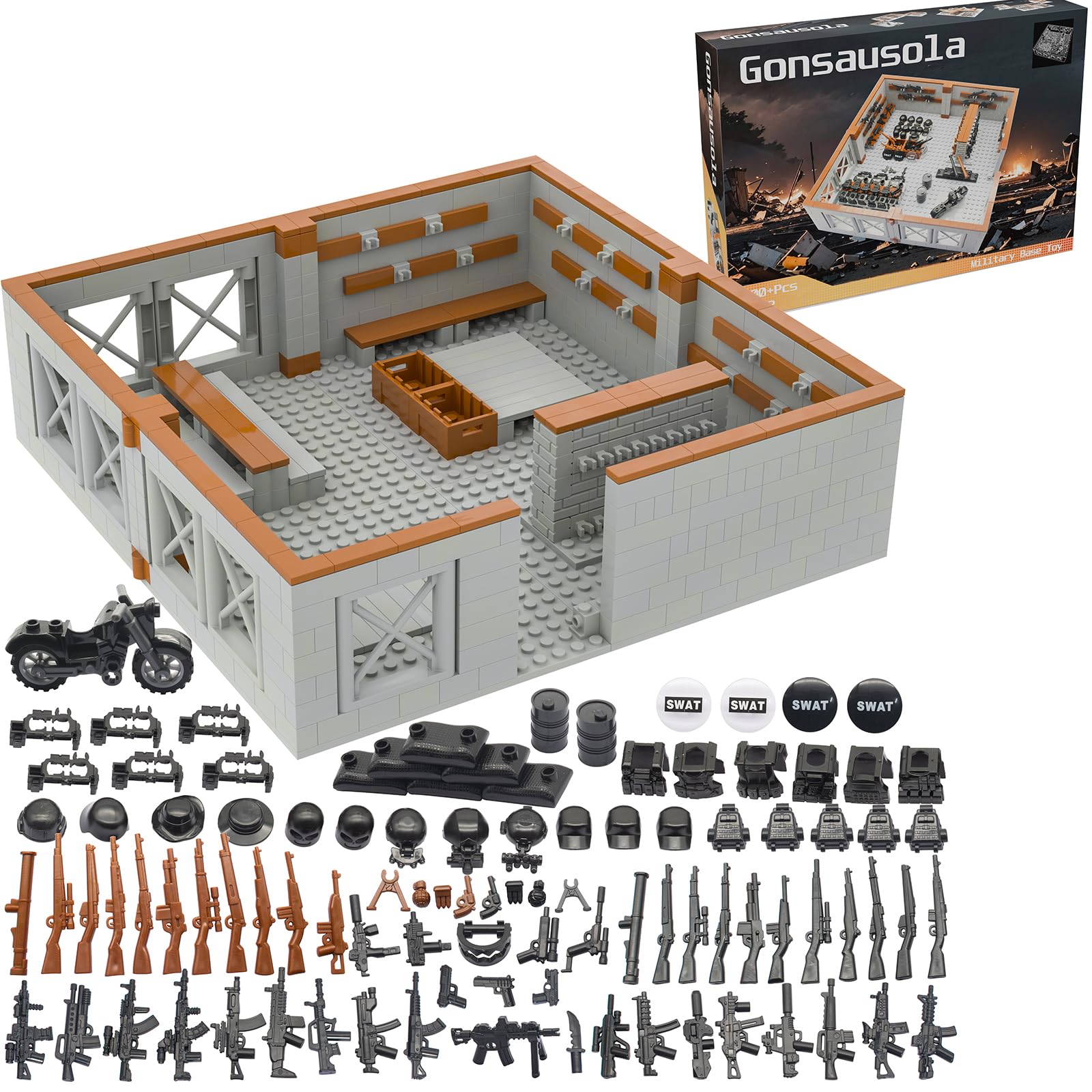Gonsausola military base bricks set for imaginative play and fine motor skills.