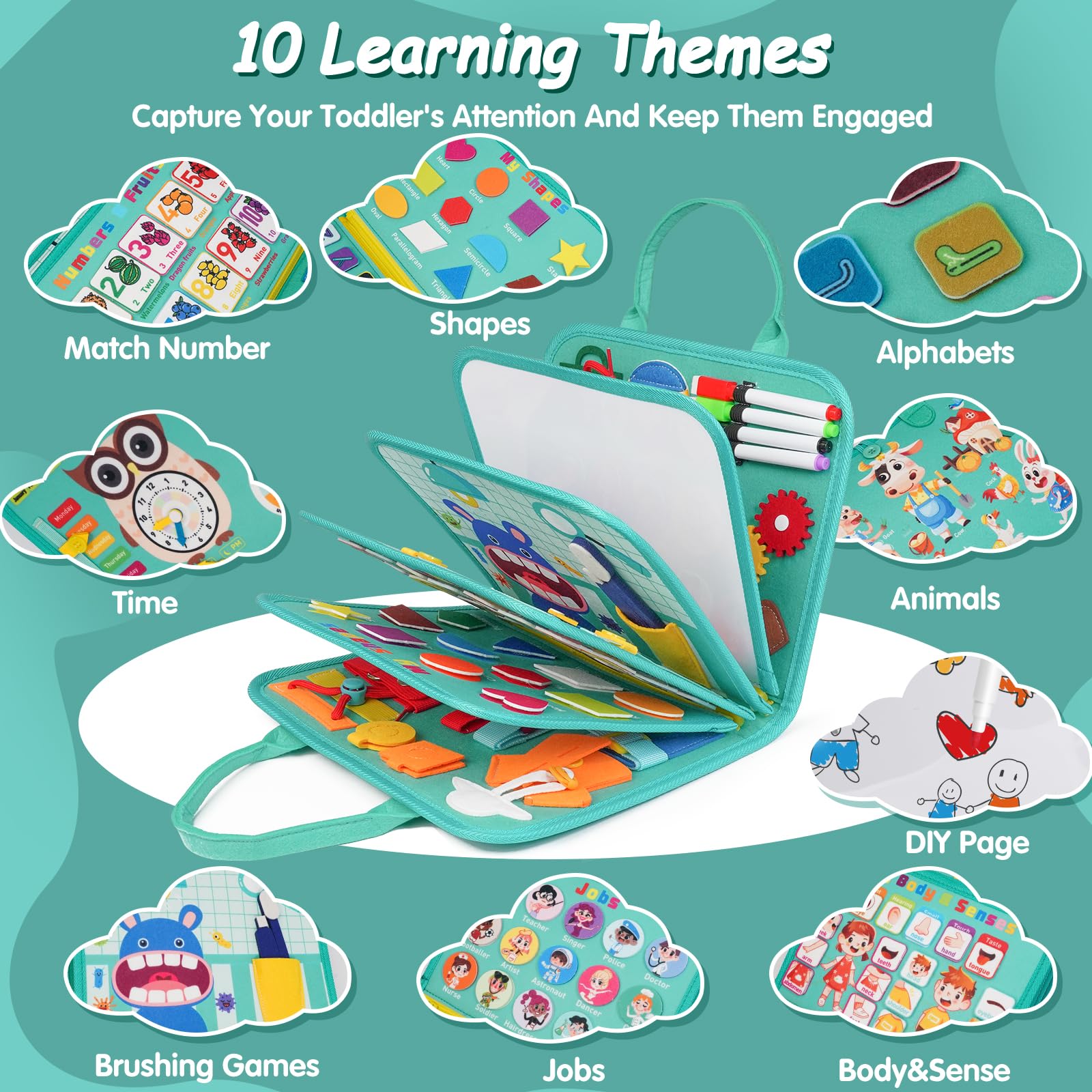 Goobaetoy Busy Board highlights alphabets and numbers for early learning exploration
