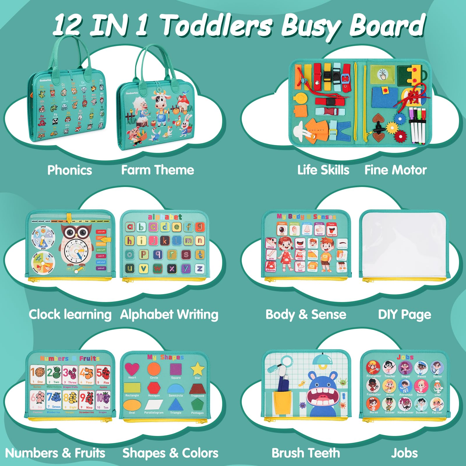 Goobaetoy Busy Board close-up shows zippers and buckles supporting skill development